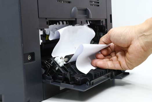 Technicians Removing Paper Stuck, Paper Jam In Printer At Office