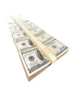Row of Stacks of Hundred Dollar Bills Isolated on a White Background.