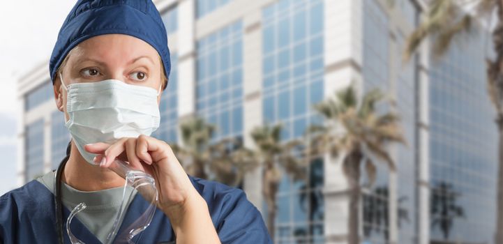 Female Doctor or Nurse Wearing Scrubs, Protective Face Mask and Goggles.