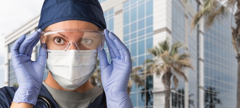 Female Doctor or Nurse Wearing Scrubs, Protective Face Mask and Goggles.