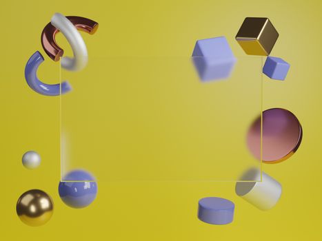 3d rendered studio mock up background for product presentation, transparent banner with geometric shapes decoration. yellow background color.