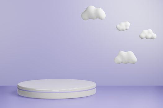 3d rendered studio mock up background for product presentation, with circle shapes, podium on the floor with cloud. minimal purple colors.