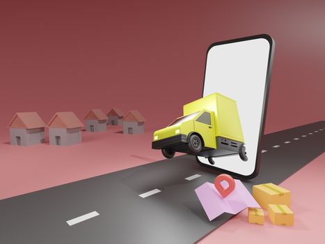Online delivery service app concept, Delivery van and mobile phone with map. 3D rendering