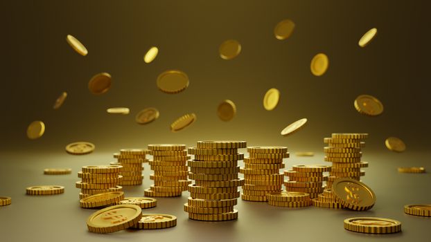 Stack of golden coins gold background. 3D rendering.