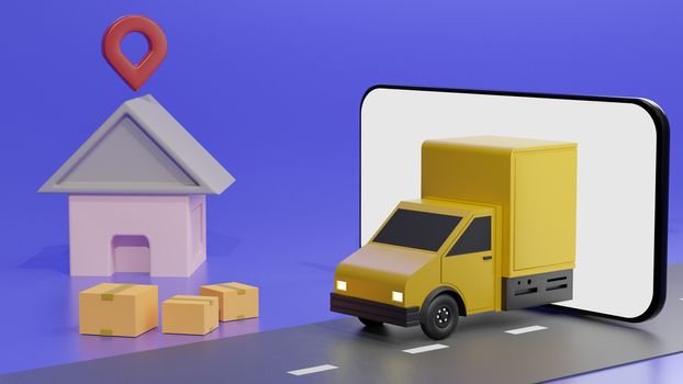 The yellow truck on the mobile phone screen, over blue background order delivery. Online tracking. 3D rendering.