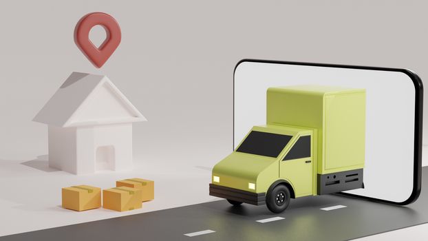 The yellow truck on the mobile phone screen, over white background order delivery. Online tracking. 3D rendering.