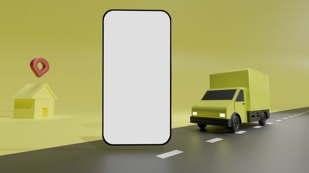 The yellow truck with white screen mobile phone mockup, over yellow background order delivery. Online tracking. 3D rendering.