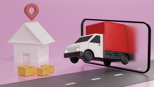 The red truck on the mobile phone screen, over pink background order delivery. Online tracking. 3D rendering.