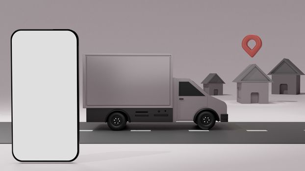 The truck with white screen mobile phone mockup, over grey background order delivery. Online tracking. 3D rendering.