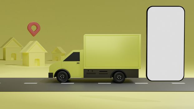 The yellow truck with white screen mobile phone mockup, over yellow background order delivery. Online tracking. 3D rendering.