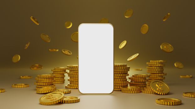 Stack of golden coins with white screen mobile mockup over gold background. 3D rendering.