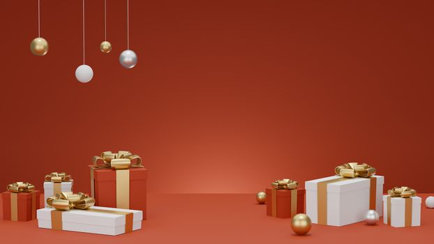 3D : Christmas and New Year greeting, banner with red gift boxes presents - 3D rendering.