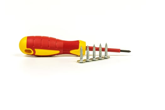 On a light background is a screwdriver with a cross-shaped tip and self-cutters of the same size