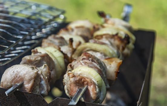 Pieces of meat on skewers are roasted on the grill