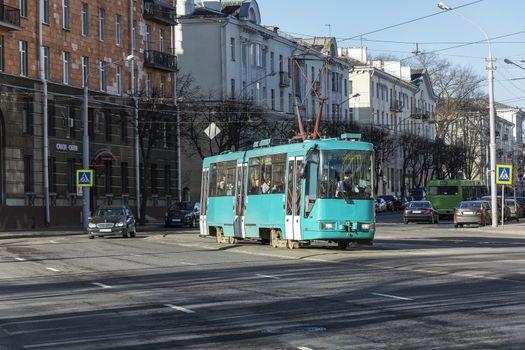Minsk, Belarus - 27.03.2017: A tram is moving along the city street