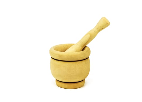 On a white background a wooden mortar for grinding various culinary ingredients