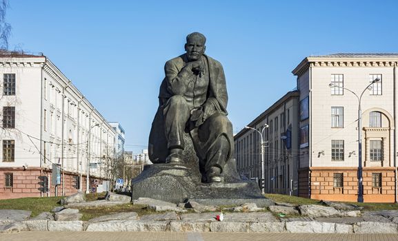 Belarus, Minsk - 27.03.2017: Monument to Yakub Kolos on the Square of the same name