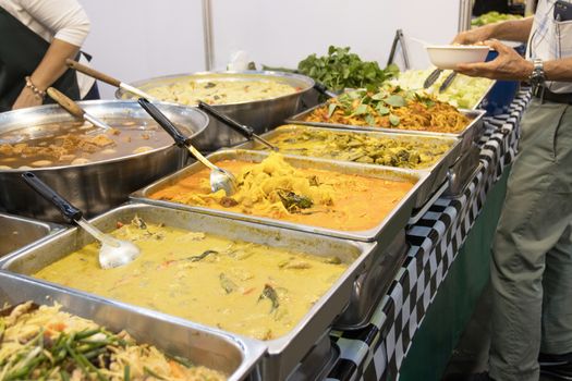 Thai street foods, Thai foods style Rice and Curry at market Bangkok of Thailand.