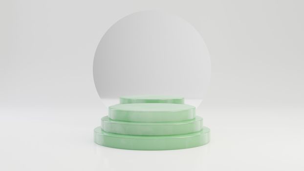 Round jade pedestal steps with mirror isolated on white background. 3d rendered minimalistic abstract background concept for product placement.