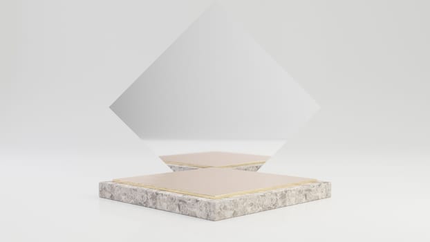 Stone marble podium with gold top isolated on white background. 3d rendered minimalistic abstract background concept for product placement.