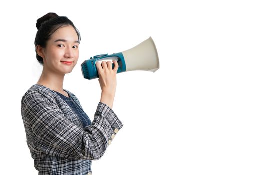 Business woman with mega speaker on isolated white
