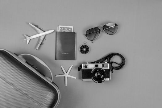Black and white photo.  Accessories for travel concept