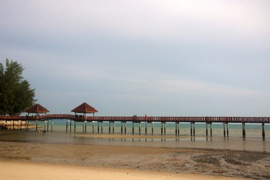 the wooden pedestrian bridge across the island in Port Dickson Malaysia