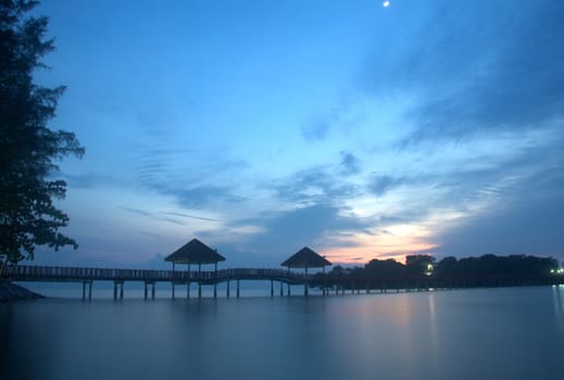 the wooden pedestrian bridge across the island in Port Dickson Malaysia