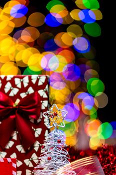 Christmas decoration, Christmas and New Year holidays background, winter season with Christmas ornaments and blurred lights