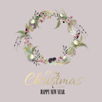 Beautiful Christmas 3D card with Xmas wreath, 3D balls baubles on pastel pink background. Text Merry Christmas Happy New Year. 3D illustration, Place for text.