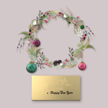 Elegant abstract Christmas holiday card with 3D Xmas shiny balls baubles, Xmas floral wreath on pastel pink background. Gold text Merry Christmas Happy New Year on golden gift label. 3D illustration.