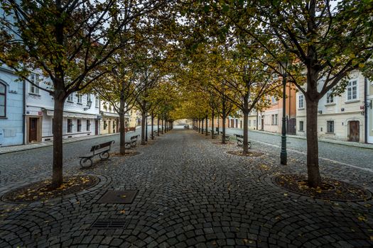 Autumn dawn in historic Prague at Charles Bridge over the Vltava River. Prague, ENESCO monument, Czech Republic