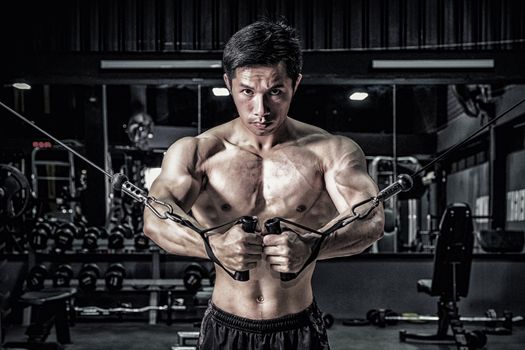 Strong fitness man doing arm workout with cable machine in the gym