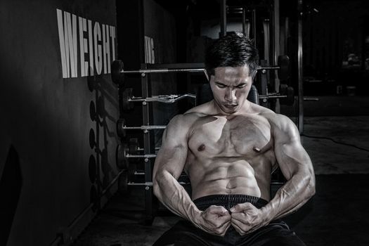 Strong fitness man doing arm workout with dumbbells in the gym