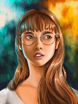 Close up Digital painting portrait of young woman wearing glasses 