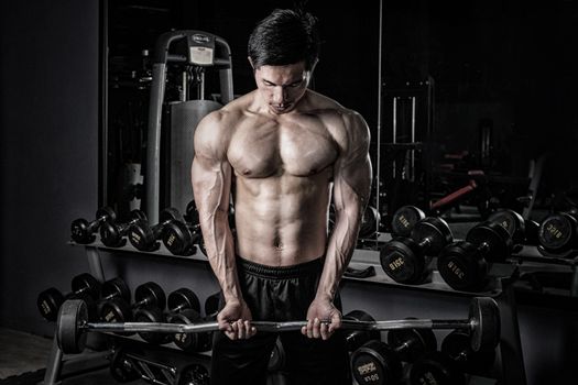 Strong fitness man doing arm workout with barbells in the gym