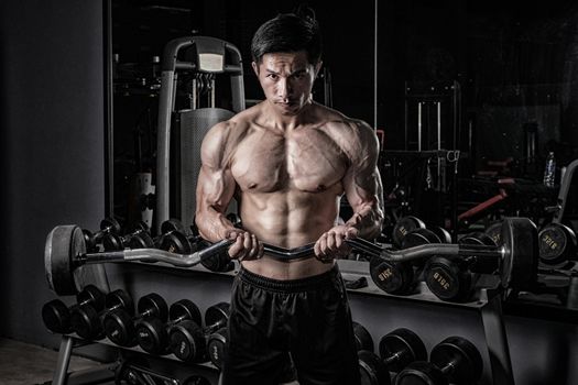 Strong fitness man doing arm workout with barbells in the gym