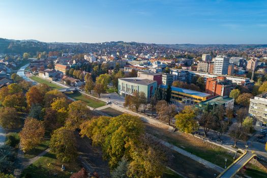 Valjevo - panorama of city in Serbia. Aerial drone view administrative center of the Kolubara District in Western Serbia