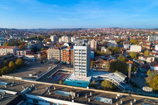 City hall in Valjevo - panorama of city in Serbia. Aerial drone view administrative center of the Kolubara District in Western Serbia
