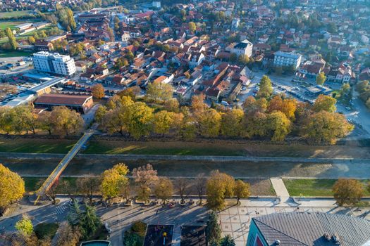 Valjevo - panorama of city in Serbia. Aerial drone view administrative center of the Kolubara District in Western Serbia
