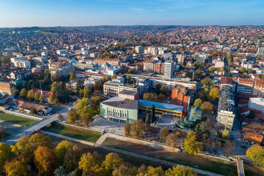 Aerial drone view of Valjevo city center, Serbia. Panorama of administrative center of the Kolubara District in Western Serbia