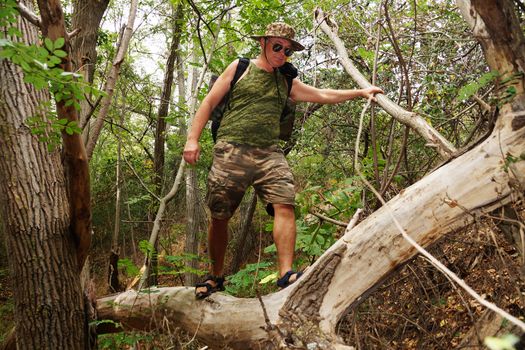 a man with a backpack crosses a ravine through a fallen tree.