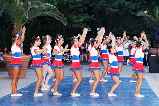 Varna - Bulgaria, September, 13, 2020: teenage girls dancing russian folk dance in the street