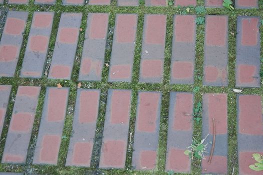 Closeup texture of brick floor. A background of a weathered old exterior brick floor with copy space for text