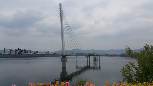 A beautiful view of Sky walk over Soyang Lake in Chuncheon city. Beautiful traveling destination site for visitors.