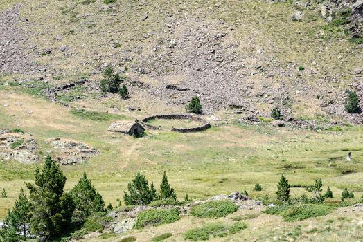 Country house in the Coma Pedrosa Refuge at 2266 meters of altitude in Andorra Pyrenees in summer 2020.