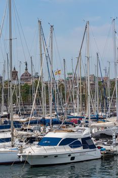 Barcelona, Spain - July 28 2020:  Reial Club Marítim Barcelona Port through empty streets after COVID 19 in Barcelona, Spain.