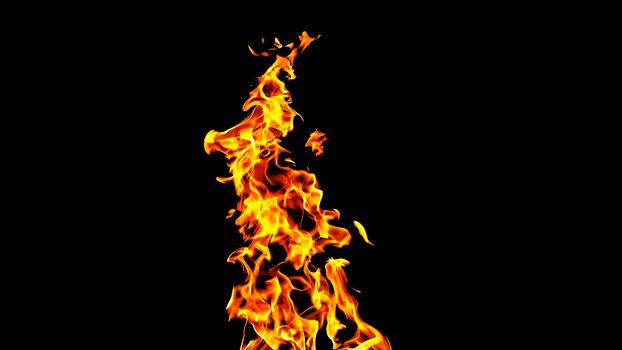 Fire flames on black background isolated. Burning gas or gasoline burns with fire and flames. Flaming burning sparks close-up, fire patterns. Infernal glow of fire in the dark with copy-space