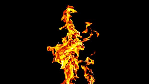 Fire flames on black background isolated. Burning gas or gasoline burns with fire and flames. Flaming burning sparks close-up, fire patterns. Infernal glow of fire in the dark with copy-space