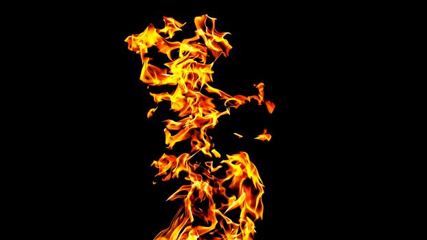 Fire flames on black background isolated. Burning gas or gasoline burns with fire and flames. Flaming burning sparks close-up, fire patterns. Infernal glow of fire in the dark with copy-space